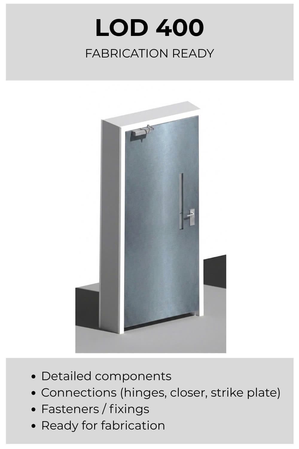 LOD 400 Door - Fabrication ready with detailed components, hinges, door closer, and strike plate