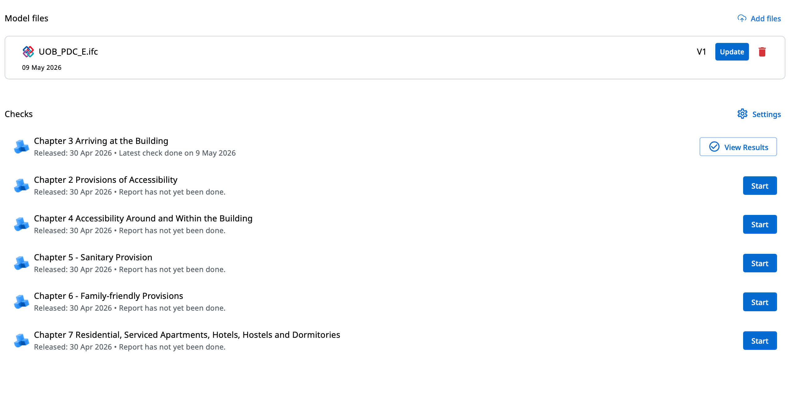 Solibri rule library showing accessibility code checks ready to run against an IFC model