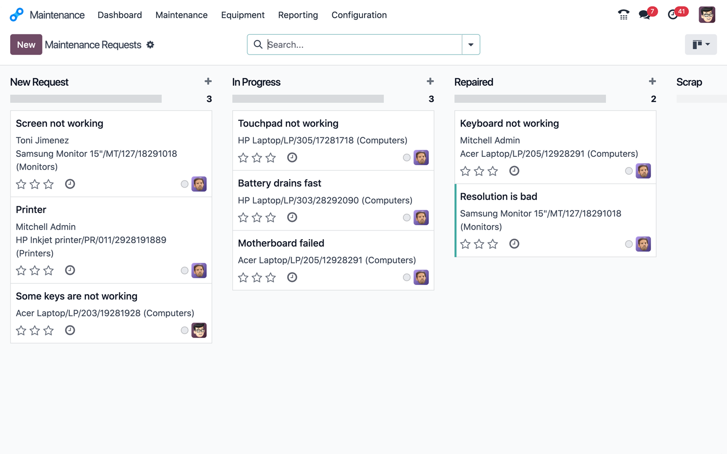 Bimeco Maintenance interface showing equipment
